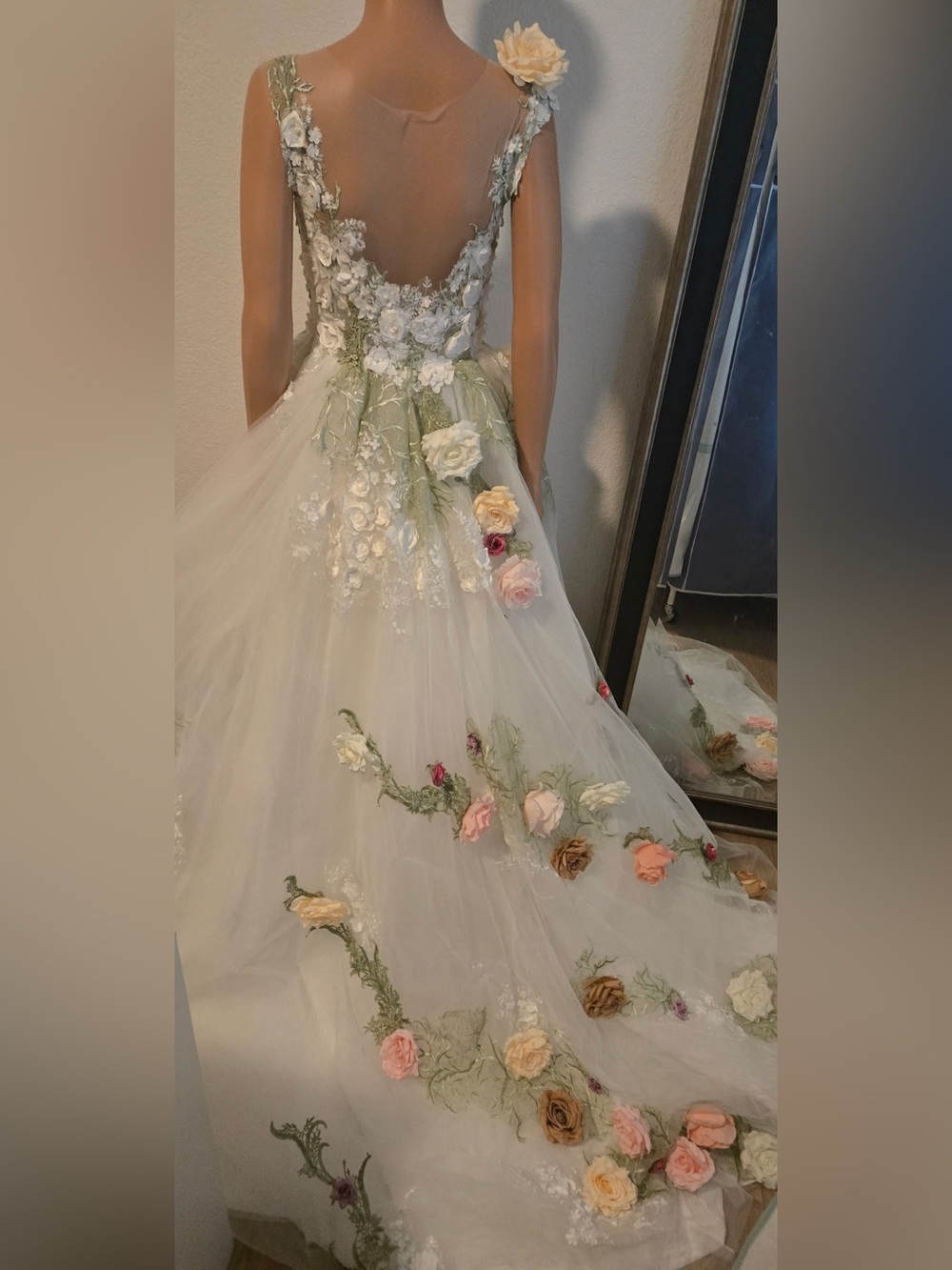 Floral Appliqué Tulle Wedding Dress in Ivory and Blush